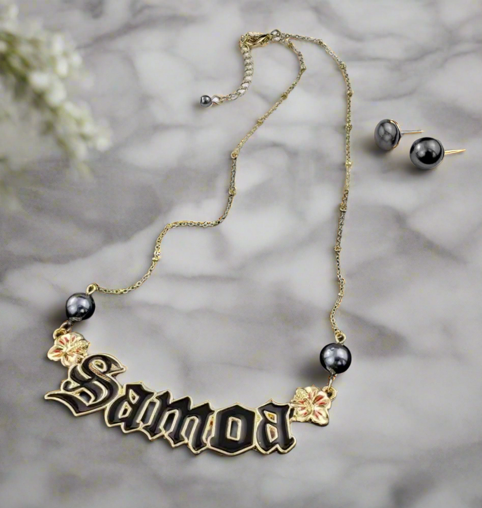 Winnie - Black Enamel Samoan Tribal Necklace with Fresh Water Pearls - Ready to Ship