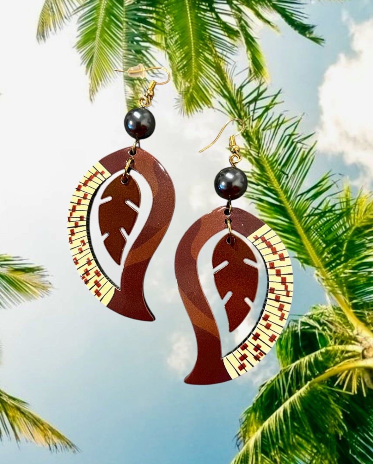 Christina - Ready to Ship 2.5 Inch Traditional Brown Earrings with Beige Design & Pearl Accents