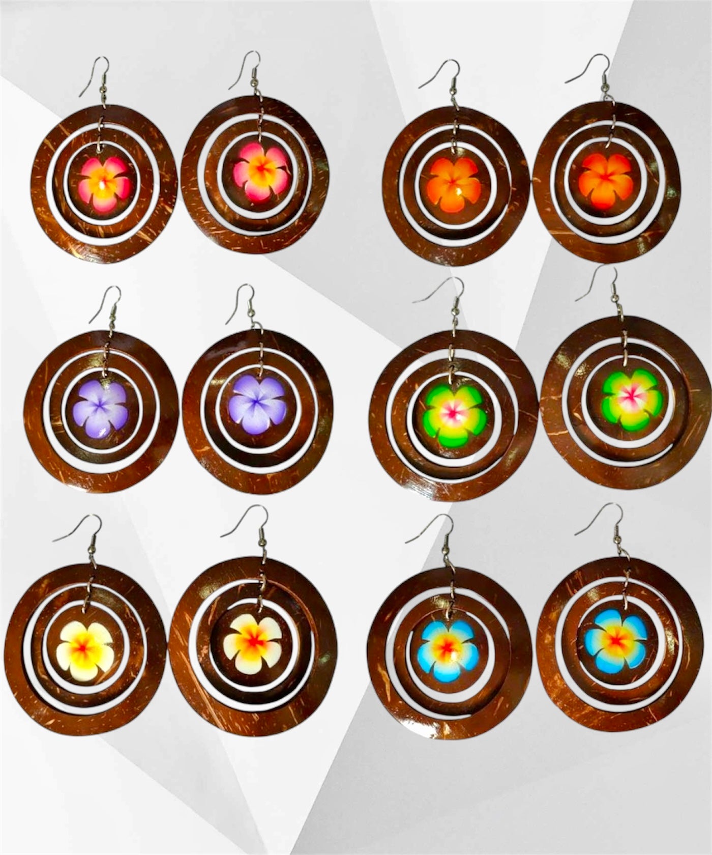 Ashley-Pre-Order-Round coconut with flower 2.5 inch earrings