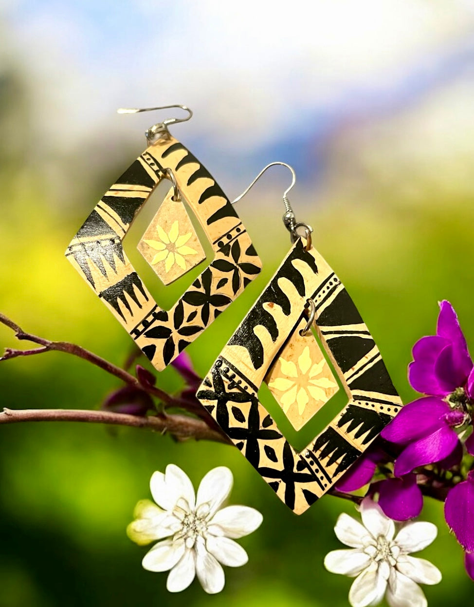 Kalia - Ready to Ship-Tribal Hand Painted Coconut Shell Earrings