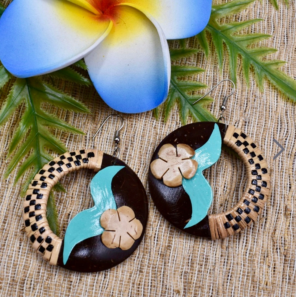Ari -Ready to Ship- 2.5 Inch Handmade Coconut Plumeria Turquoise Rattan Earrings