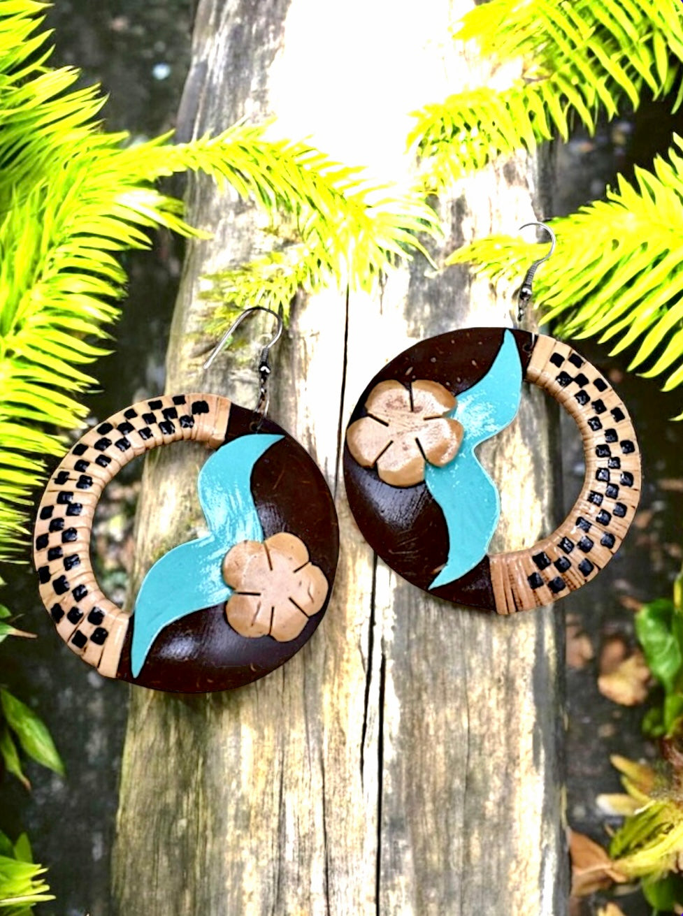 Ari -Ready to Ship- 2.5 Inch Handmade Coconut Plumeria Turquoise Rattan Earrings