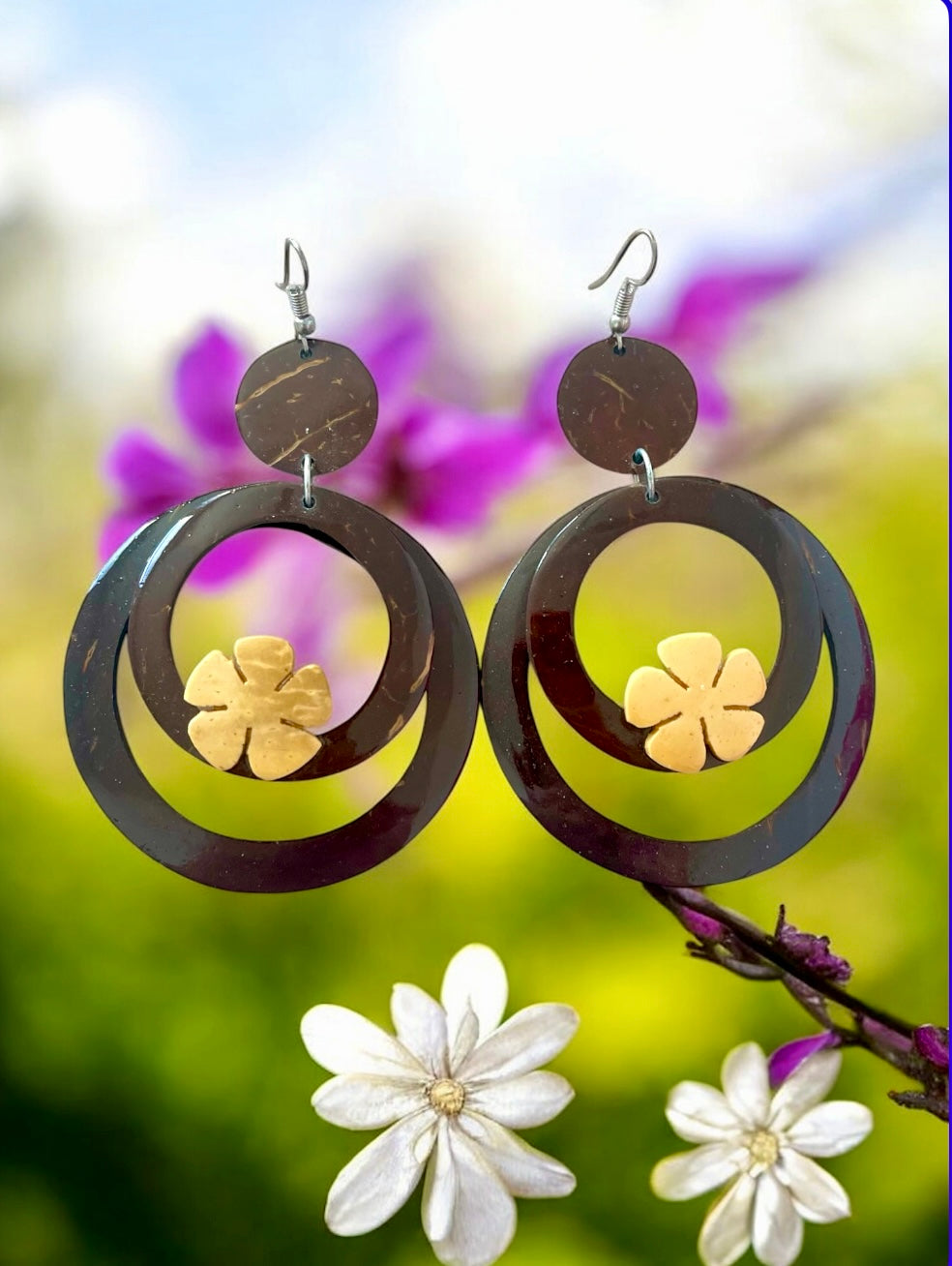 Ana - Hand-Carved Mother of Pearl Tiare Flower Earrings - Ready to Ship