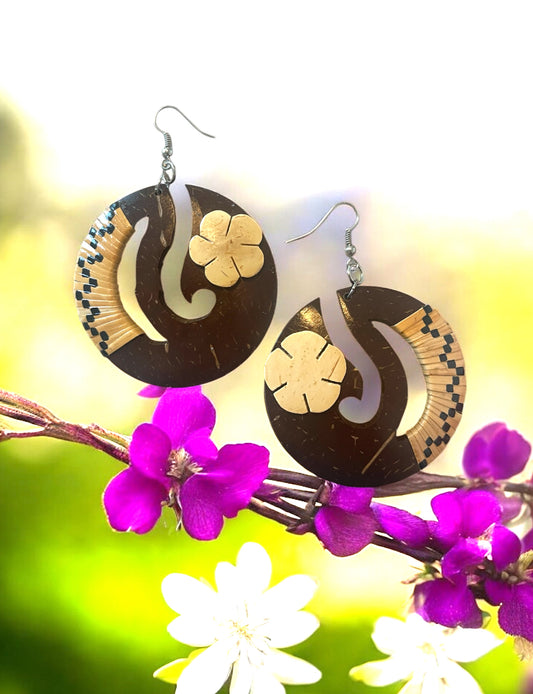 Tiare - Ready to Ship-Handcrafted Coconut Plumeria Rattan Earrings
