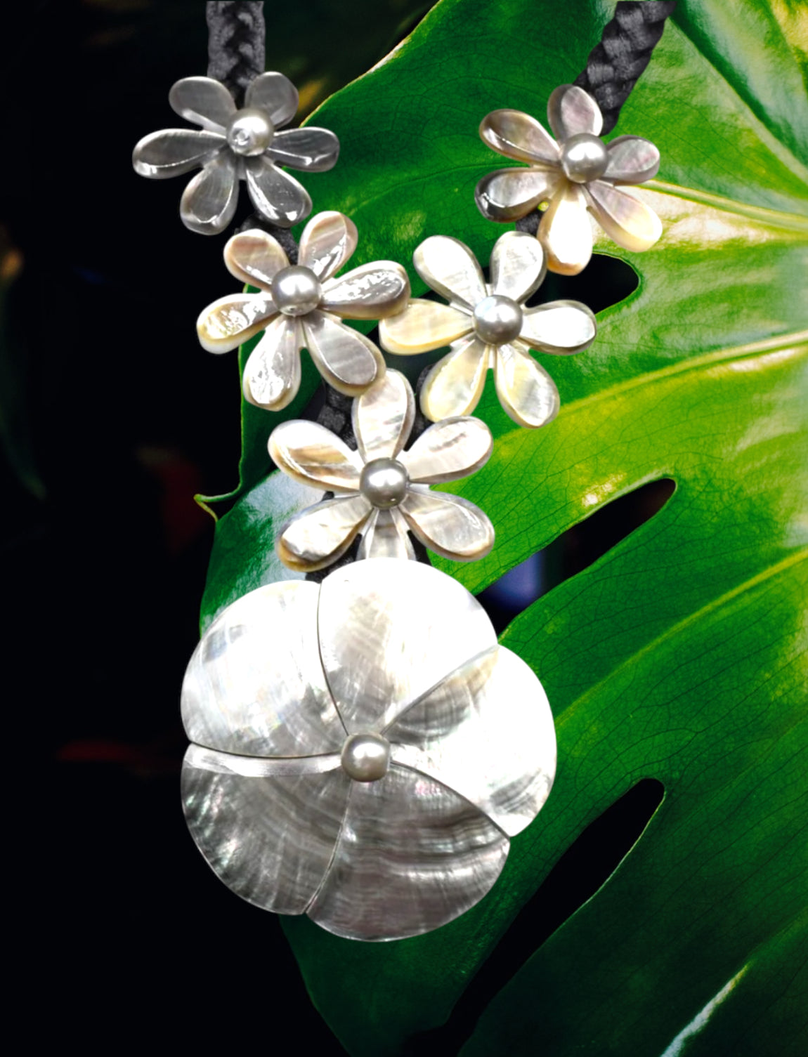 Tina-Pre-Order-Plumeria and Tiare Mother of Pearl Carved Necklace 22" Brown and Black Braided Nylon Cord