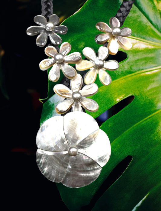 Tina-Pre-Order-Plumeria and Tiare Mother of Pearl Carved Necklace 22" Brown and Black Braided Nylon Cord