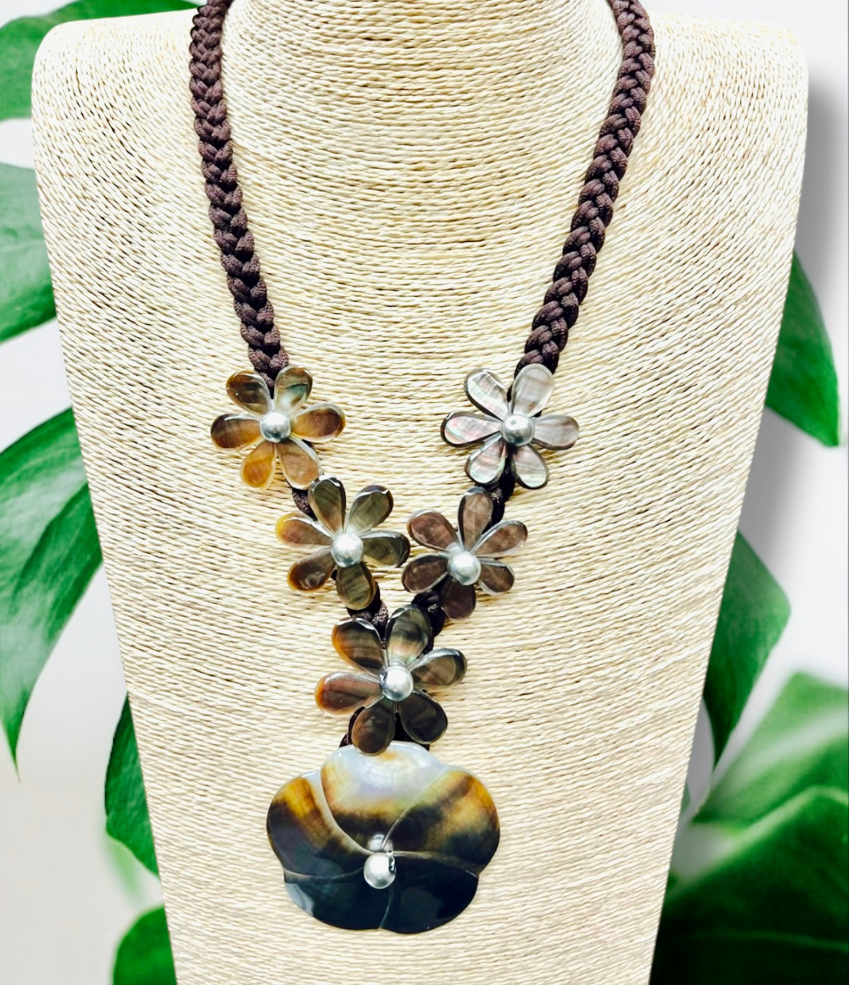 Tina-Pre-Order-Plumeria and Tiare Mother of Pearl Carved Necklace 22" Brown and Black Braided Nylon Cord