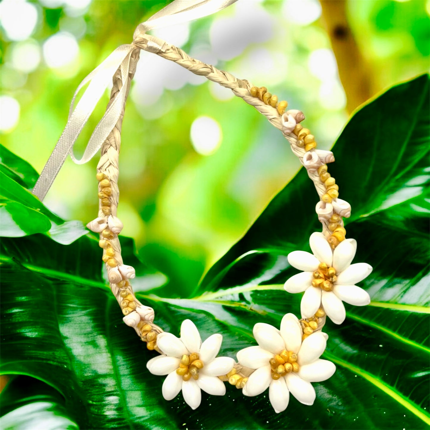 Nastasha-Pre-Order-White Bubble Shell with Yellow Mongo Shell and Frog Shell Adjustable Raffia Necklace