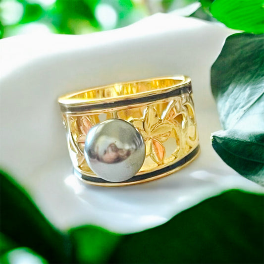 Alyah-Ready to Ship-Hamilton Gold Black Enamel Ring with Plumeria Flowers Grey Pearl