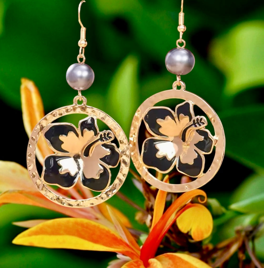 Marissa - Black and Gold Enamel Hibiscus Earrings - Elegant Tropical Jewelry - Ready to Ship