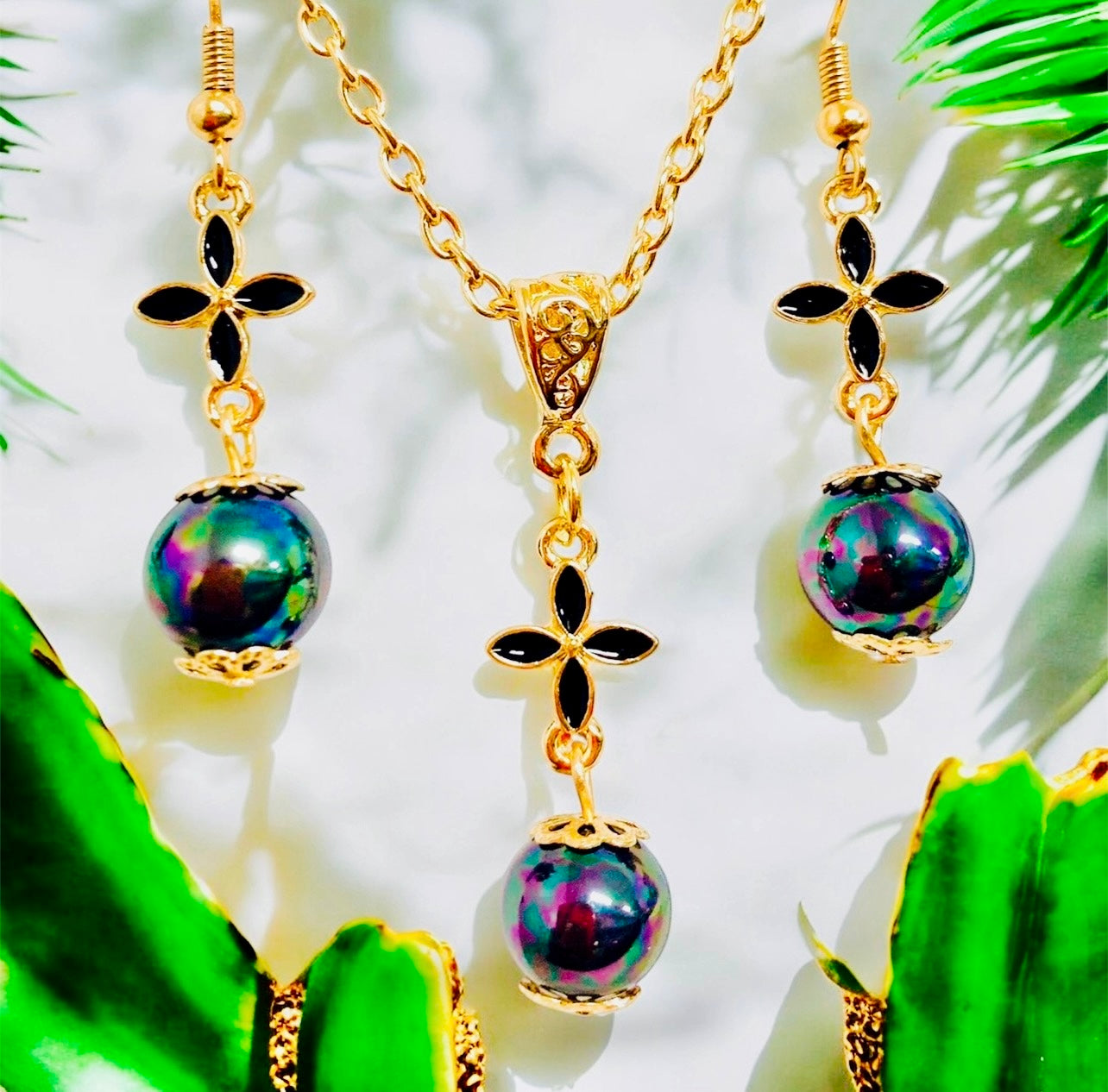 Ala Kai-Pre-Order-Black Enamel Tropical Flower: Hamilton Gold Earring Necklace Set with Peacock Shell Pearls