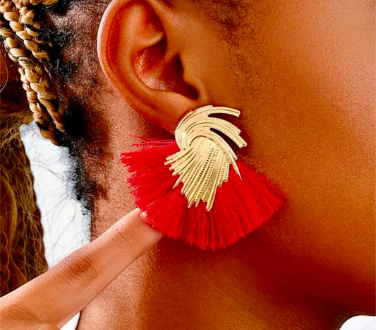 Liz - Ready to Ship - Bold Red Tassel Earrings with Gold Hardware - 2 Inch Dangles