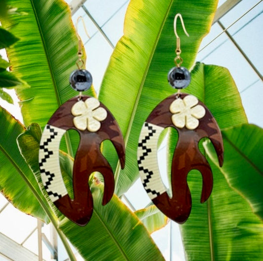 Rena - Ready to Ship-Handcrafted Coconut Shell Plumeria Rattan Earrings