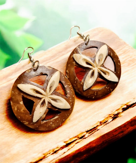 Tia-Pre-Order-Hand carved plumeria coconut earrings 1.5 inch