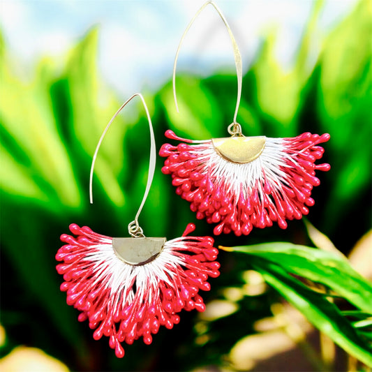 Nia - Ready to Ship-Dangling Fan Red and White Earrings with Gold Accent