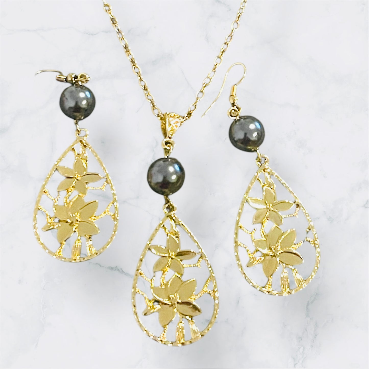 Mariah-Ready to Ship-Hamilton Gold Jewelry Set Dangling Earrings with Plumeria Flowers & Grey Pearl Matching Necklace