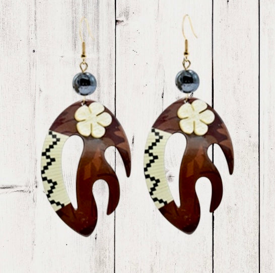 Rena - Ready to Ship-Handcrafted Coconut Shell Plumeria Rattan Earrings