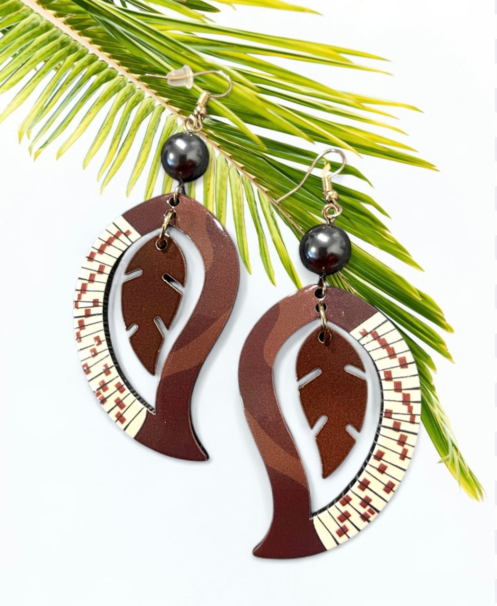 Christina - Ready to Ship 2.5 Inch Traditional Brown Earrings with Beige Design & Pearl Accents