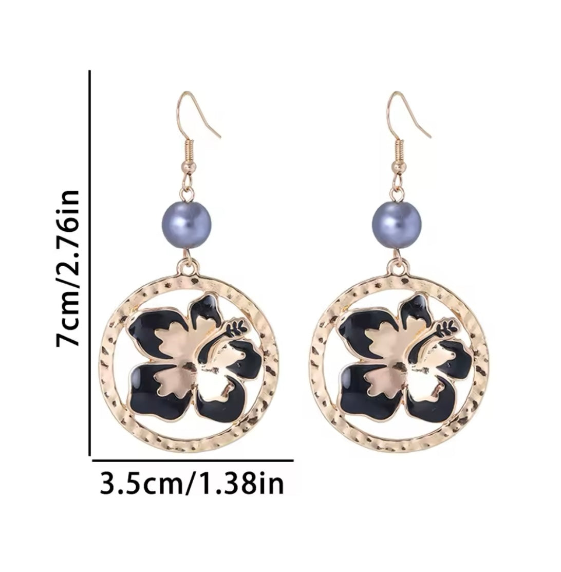 Marissa - Black and Gold Enamel Hibiscus Earrings - Elegant Tropical Jewelry - Ready to Ship