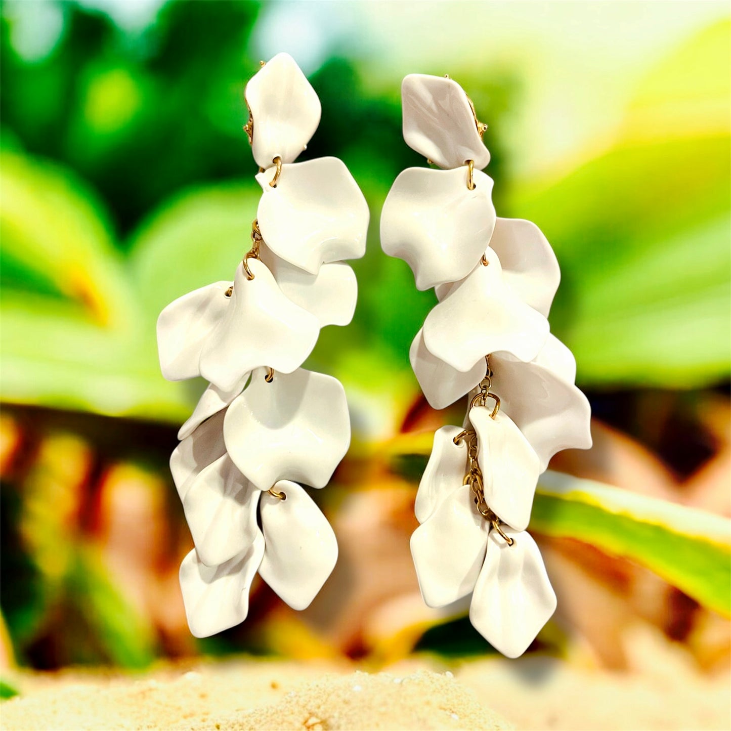 Noelle - White Dangling Rose Petal Earrings with Gold Accent