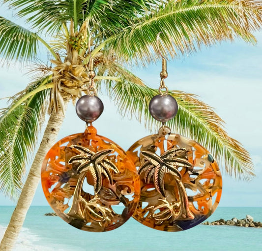 Moli - Ready to Ship - Acrylic Coconut Tree Earrings with Fresh Pearl