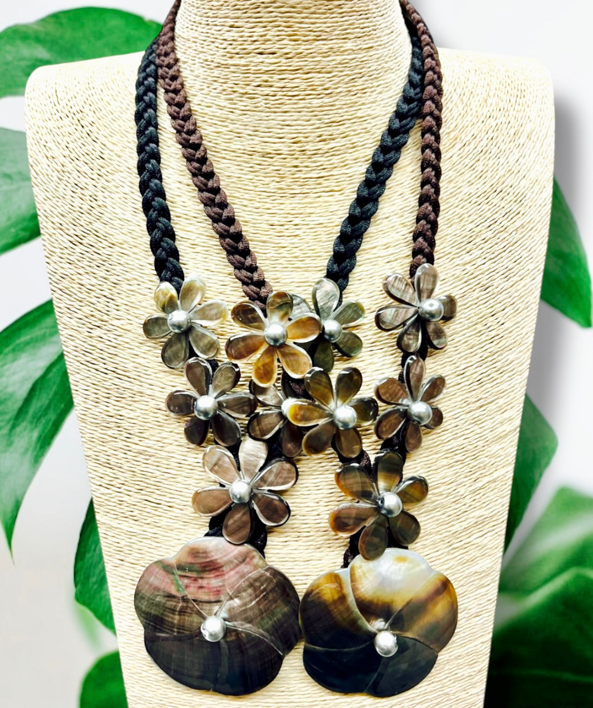 Tina-Pre-Order-Plumeria and Tiare Mother of Pearl Carved Necklace 22" Brown and Black Braided Nylon Cord