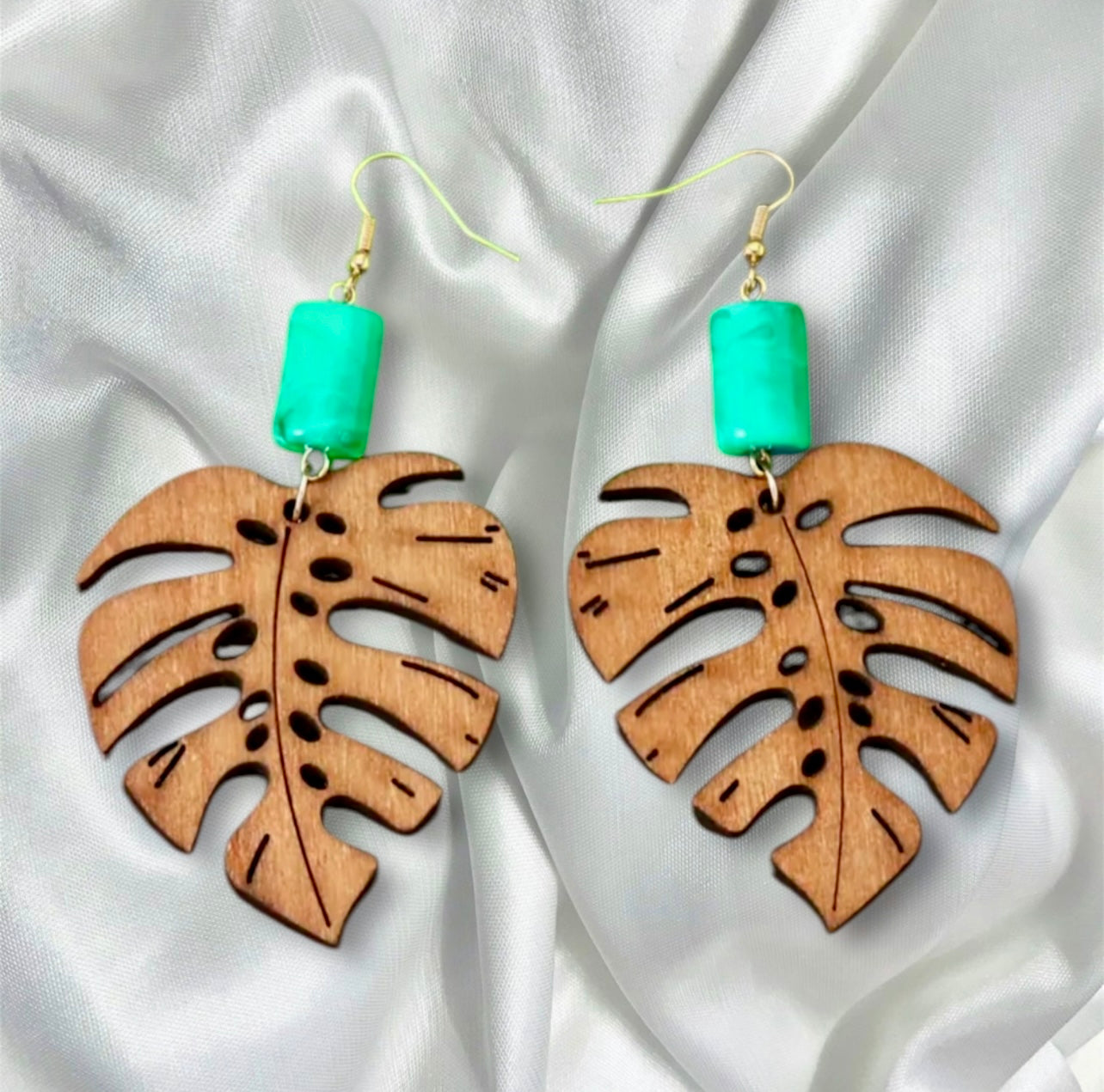 Sei - Ready to Ship - Wood Earrings with Jade Jewel - Dangling Statement Jewelry