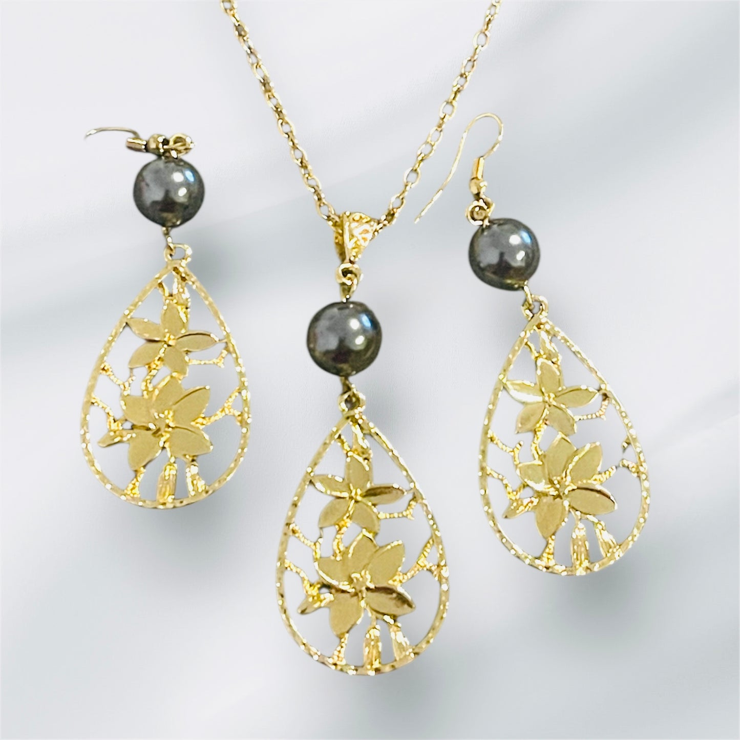 Mariah-Ready to Ship-Hamilton Gold Jewelry Set Dangling Earrings with Plumeria Flowers & Grey Pearl Matching Necklace