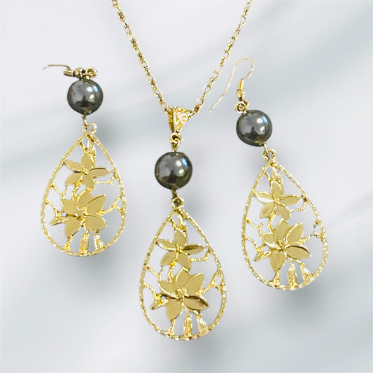 Mariah-Ready to Ship-Hamilton Gold Jewelry Set Dangling Earrings with Plumeria Flowers & Grey Pearl Matching Necklace