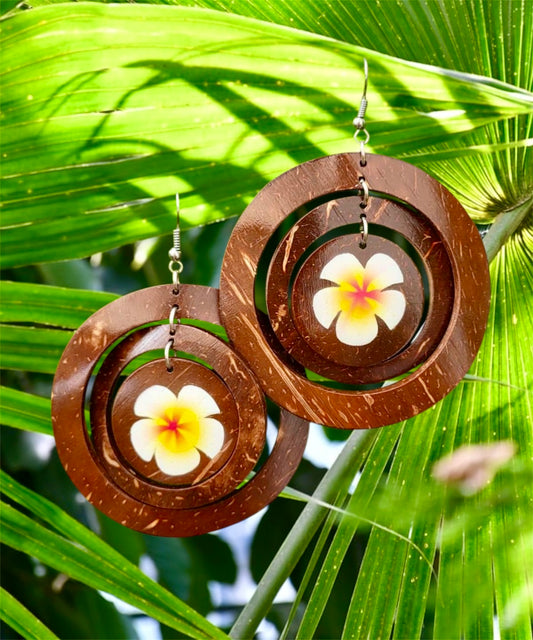 Ashley-Pre-Order-Round coconut with flower 2.5 inch earrings