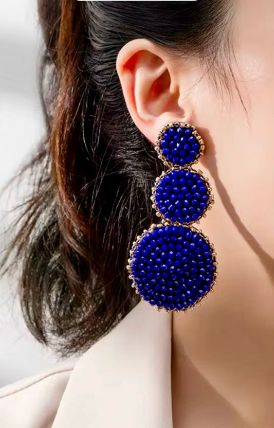 Stella - Ready to Ship - Blue Beaded Dangle Earrings with Gold Accents - 3 Inch