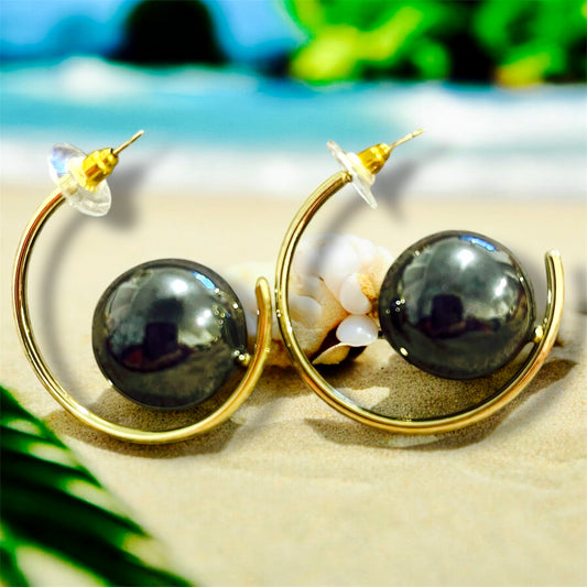 Ava - Ready to Ship - Large Hoop Earrings with Large Black Pearl