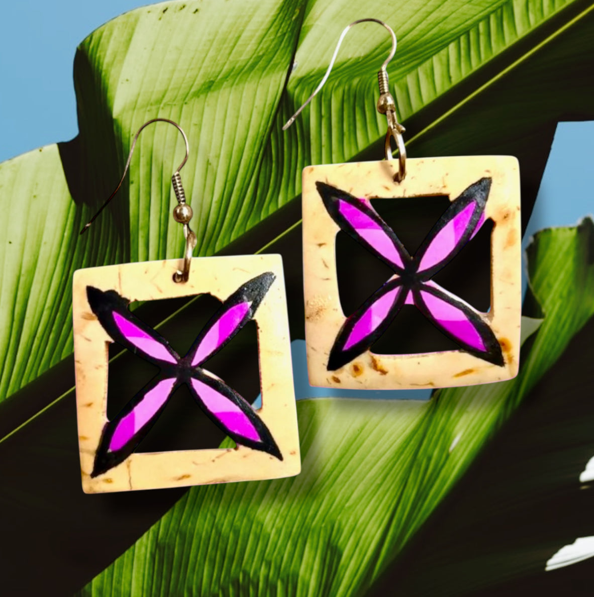 Natasha - Pre-Order-Hand Painted Plumeria Square Coconut Earrings Assorted Colors