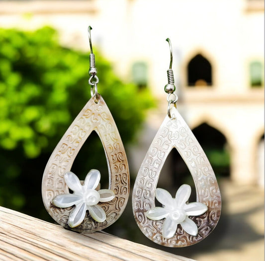 Jenny-Pre-Order-2 inch teardrop tiare flower mother of pearl earrings