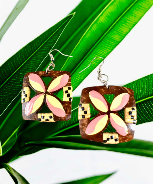 Nuuli-Handmade-Pre-Order-Coconut Yellow Pink Plumeria with Rattan Earrings 2"