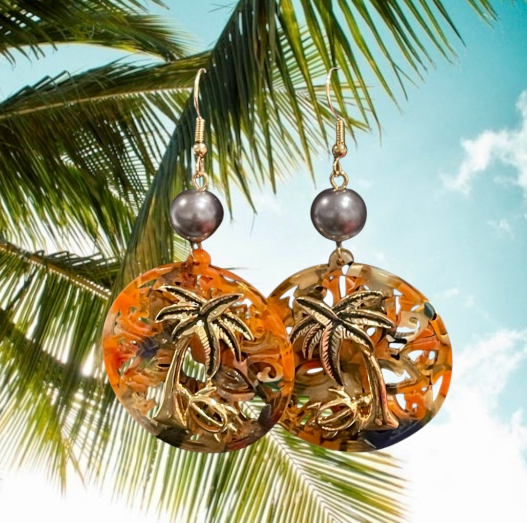 Moli - Ready to Ship - Acrylic Coconut Tree Earrings with Fresh Pearl