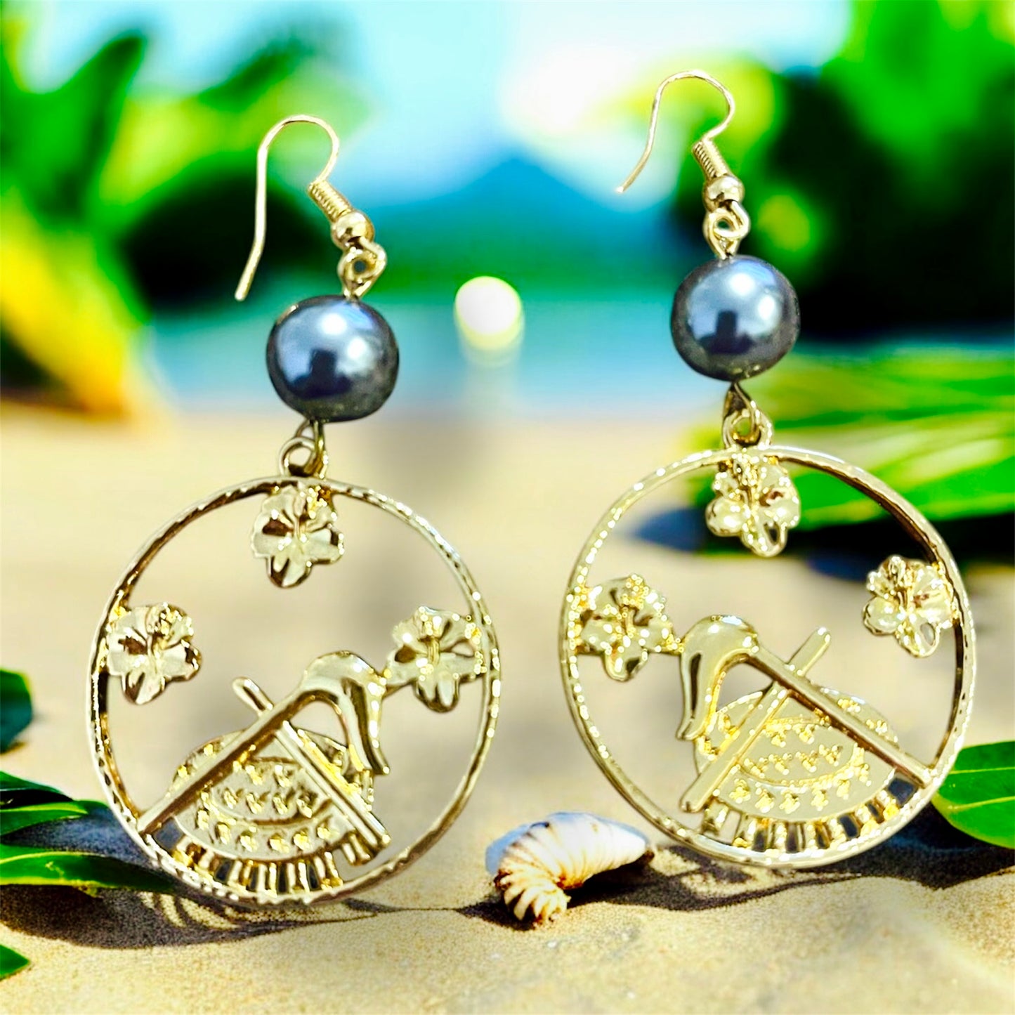 Mila - Ready to Ship - Dangling Gold Samoan Seal Earrings with Plumeria Flowers and Pearl