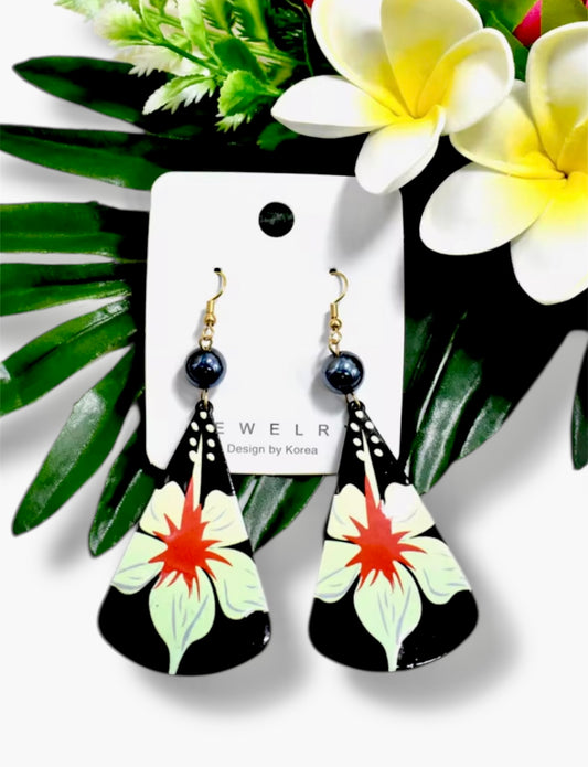 Maina - Ready to Ship-Black with White Hibiscus Flowers Acrylic Dangle Earrings with Black Pearl