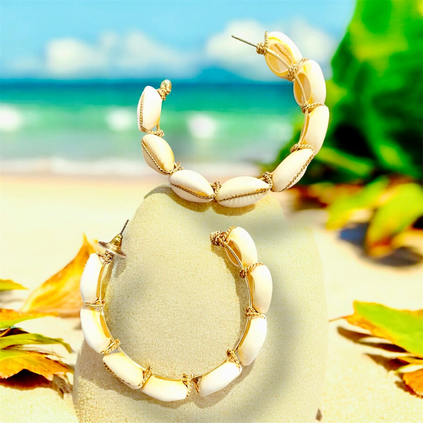 Tia - Ready to Ship-Large Shell Earrings with Gold Accents