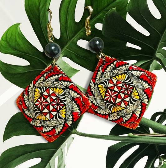 Ti - Ready to Ship - Red Design Earrings with Black Pearl - 3 Inch Dangles