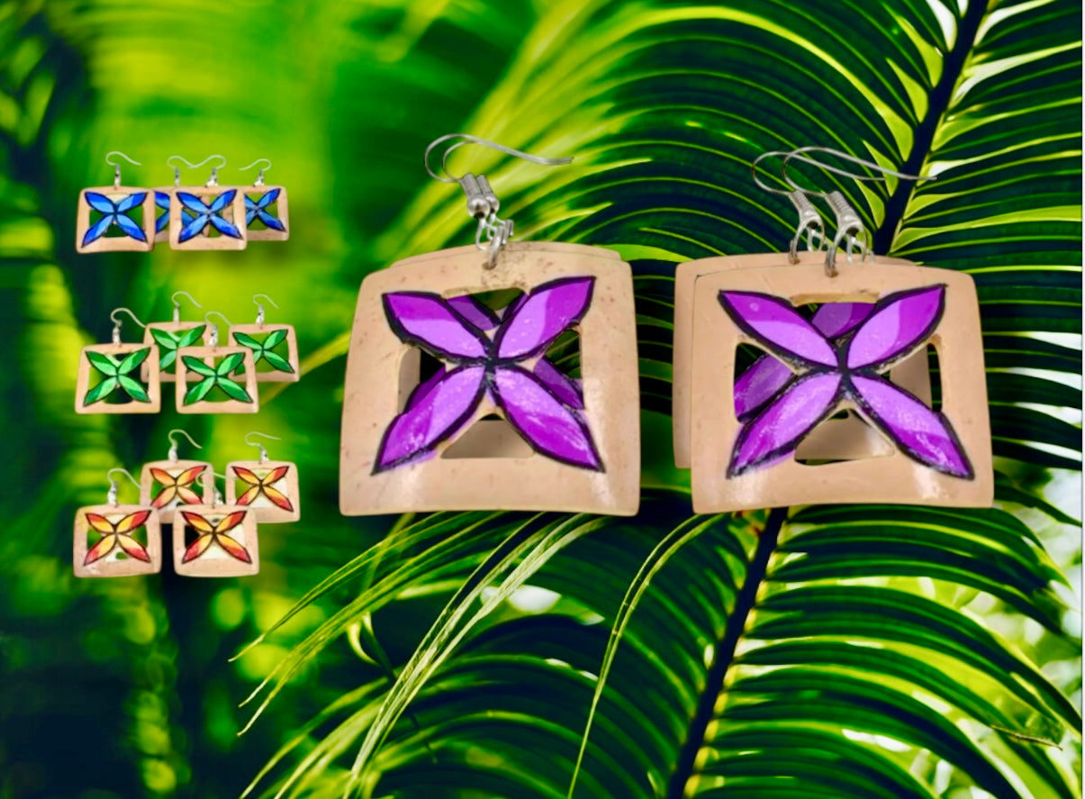 Natasha - Pre-Order-Hand Painted Plumeria Square Coconut Earrings Assorted Colors