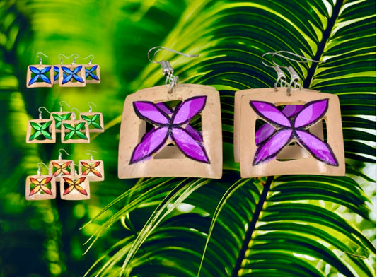 Natasha - Pre-Order-Hand Painted Plumeria Square Coconut Earrings Assorted Colors