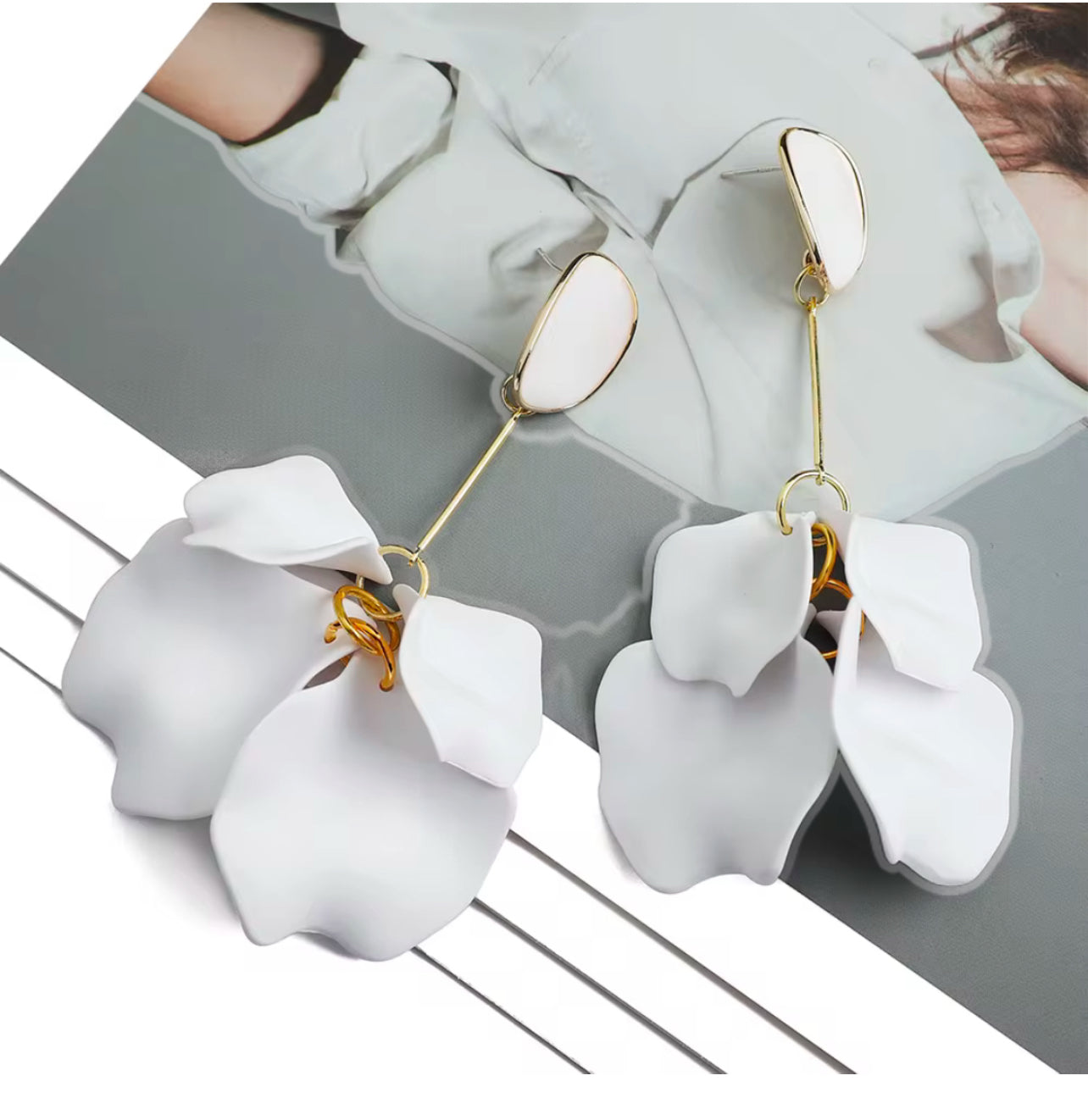 Line - Ready to Ship - 2.5 Inch White Gold Dangling Flower Earrings