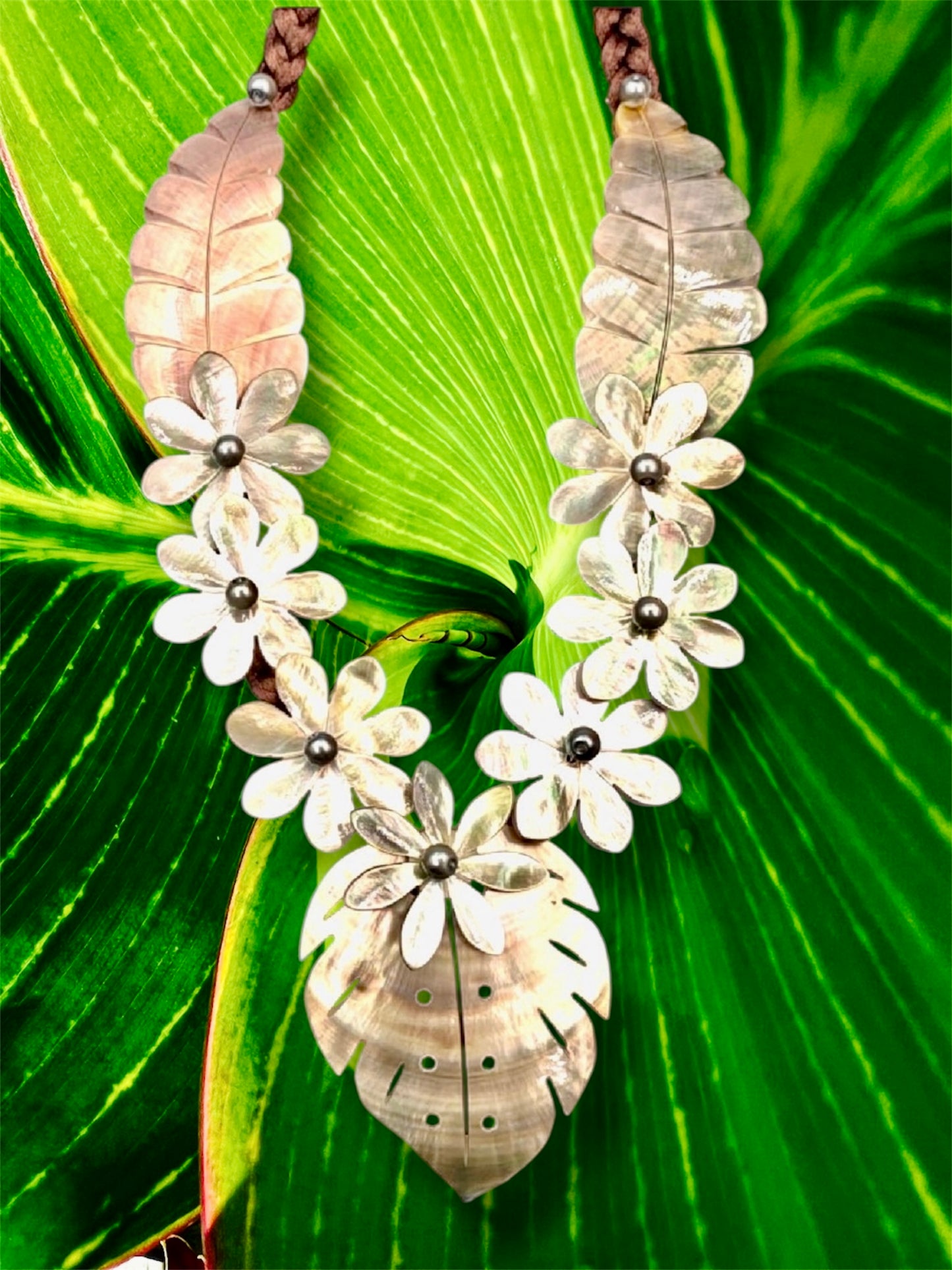 Eneli - Ready to Ship-Mother of Pearls Flower and Monstera Leaf Necklace