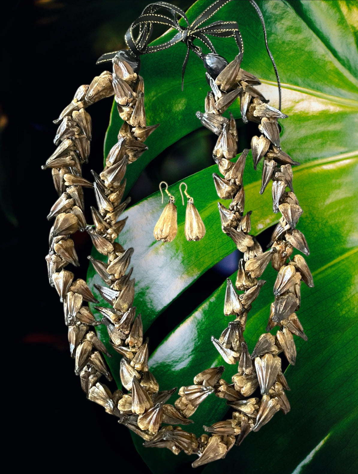 Niva - Ready to Ship-Traditional Double Ula Fala Brown Necklace & Earring Set Adjustable