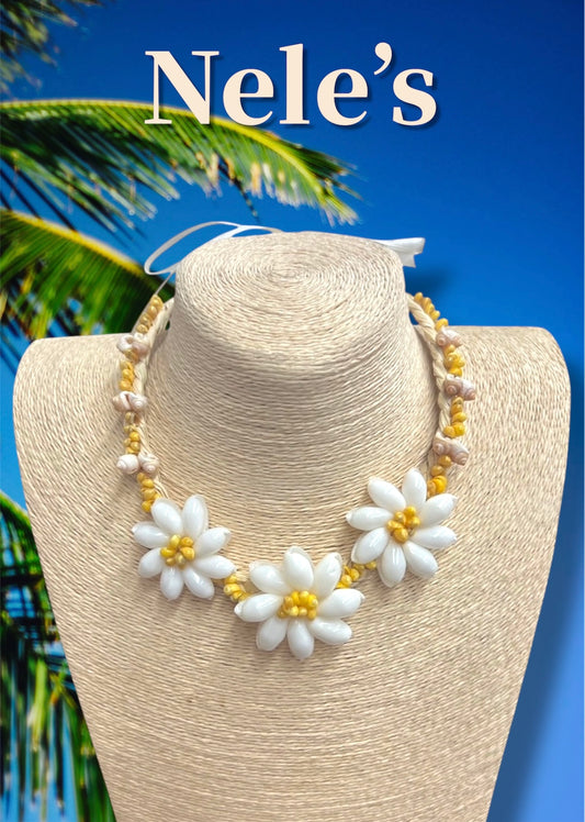 Nastasha-Pre-Order-White Bubble Shell with Yellow Mongo Shell and Frog Shell Adjustable Raffia Necklace