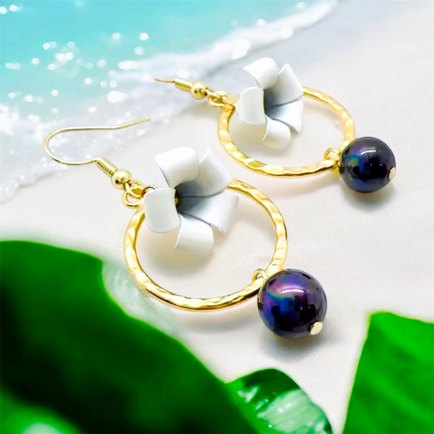 Puakenikeni-Pre-Order-Flower Earrings with Black Pearl