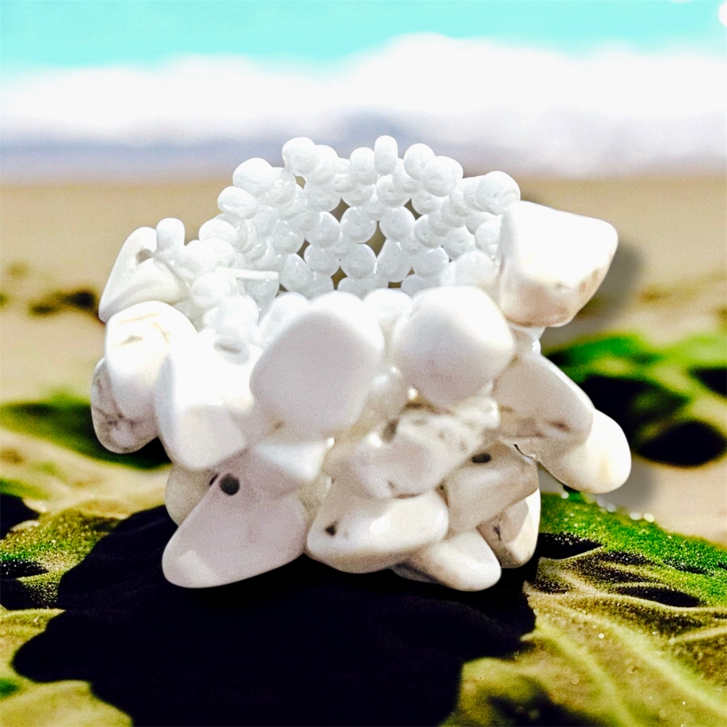 Zoe - Ready to Ship - White Stretch Shell Ring with Grey Accent