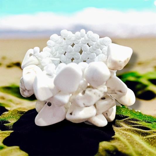 Zoe - Ready to Ship - White Stretch Shell Ring with Grey Accent