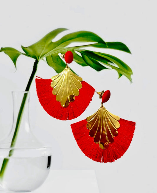 Lorraine - Ready to Ship - Bold Red Tassel Earrings with Gold Accents - 3 Inch Dangles